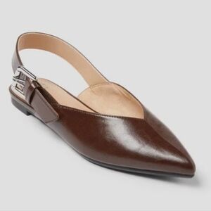 Pointed Leather Slingback Flats in Brown